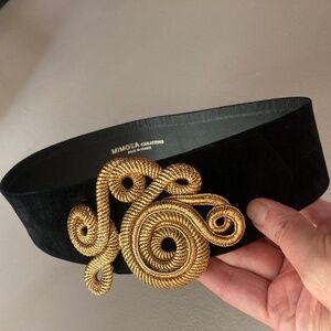 Mimosa Créations gold sculptural belt in black suede